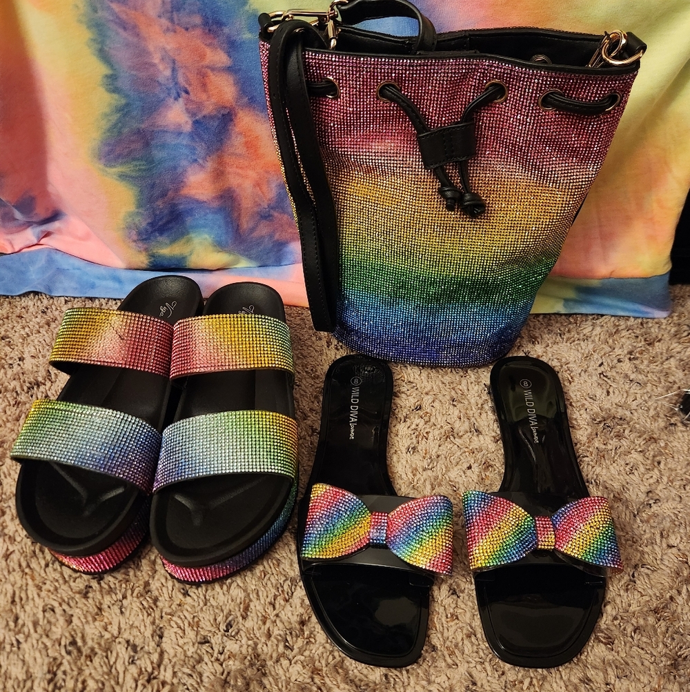 Rainbow Rhinestone Bag and Sandal Set